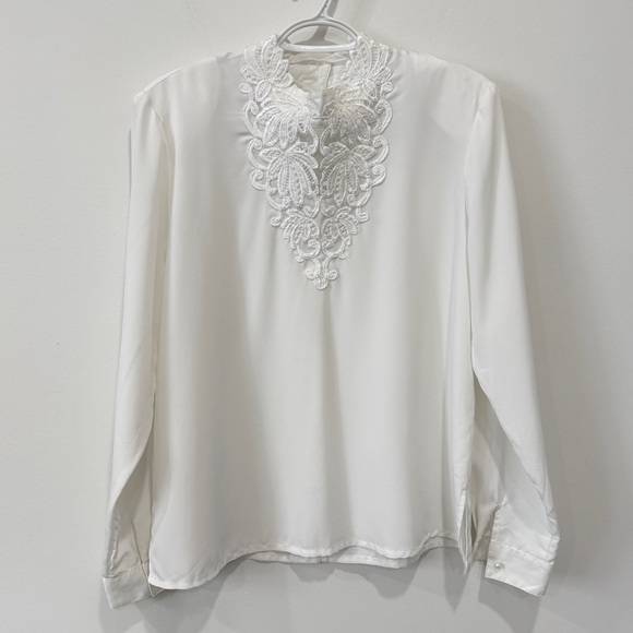 Kathy Che Tops - Kathy Che Vintage Appliqué Pure White Blouse Elegant Lace Detail and High Neck